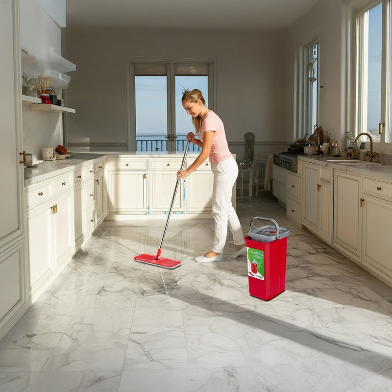 Flachmopp + Eimer + Teleskopstange + 2 x Mikrofasertuch 5.7L Bodenreinigungs XXL Set Rotationskopf