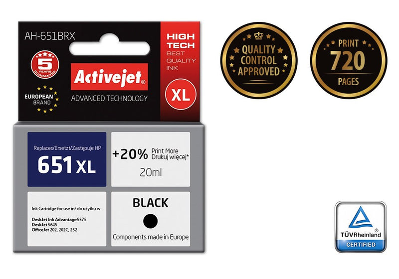Activejet AH-651BRX Tinte (ersetzt HP 651 C2P10AE; Premium; 20 ml; schwarz)