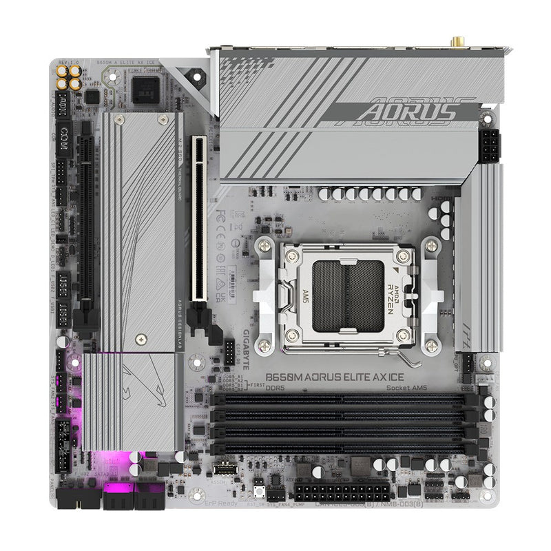 GIGABYTE B650M AORUS ELITE AX ICE Motherboard - AMD Ryzen 9000 Series CPUs, 12+2+2 Phases VRM, up to 8000MHz DDR5 (OC), 1xPCIe 5.0 + 1xPCIe 4.0 M.2, 2