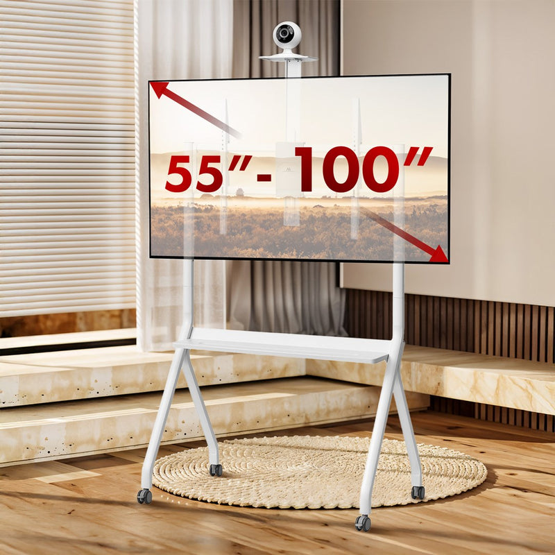 Maclean TV stand / cart, camera shelf, on casters, 55-100", max load 120kg/10kg shelf, max. VESA 900x600, white, MC-114 W