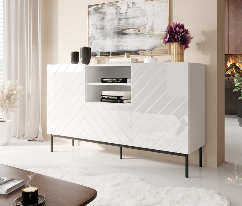 ABETO commode sur cadre en acier noir 150x42x90 blanc/blanc brillant