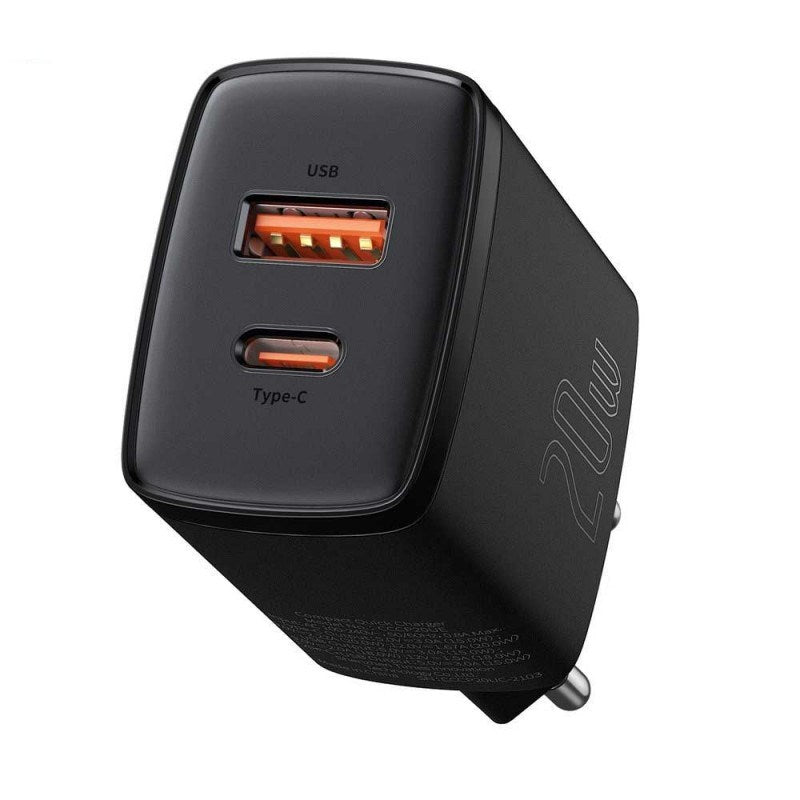 Compact mains charger 1x USB-A port + 1x USB-C port 20W (Black)
