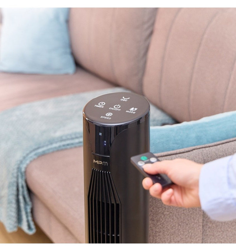 MPM MWP-26/C floor-standing tower fan, 3-speed airflow control, very quiet operation, remote control, black