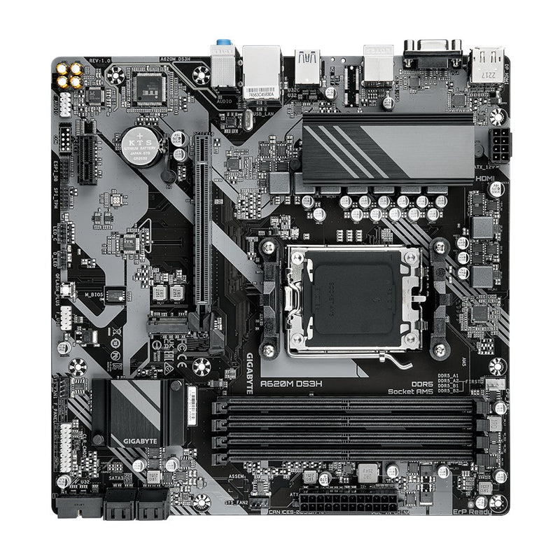 GIGABYTE A620M DS3H Motherboard - Supports AMD Ryzen 8000 CPUs, 5+2+2 Phases Digital VRM, up to 7600MHz DDR5 (OC), 1xPCIe 4.0 M.2, GbE LAN, USB 3.2 Ge
