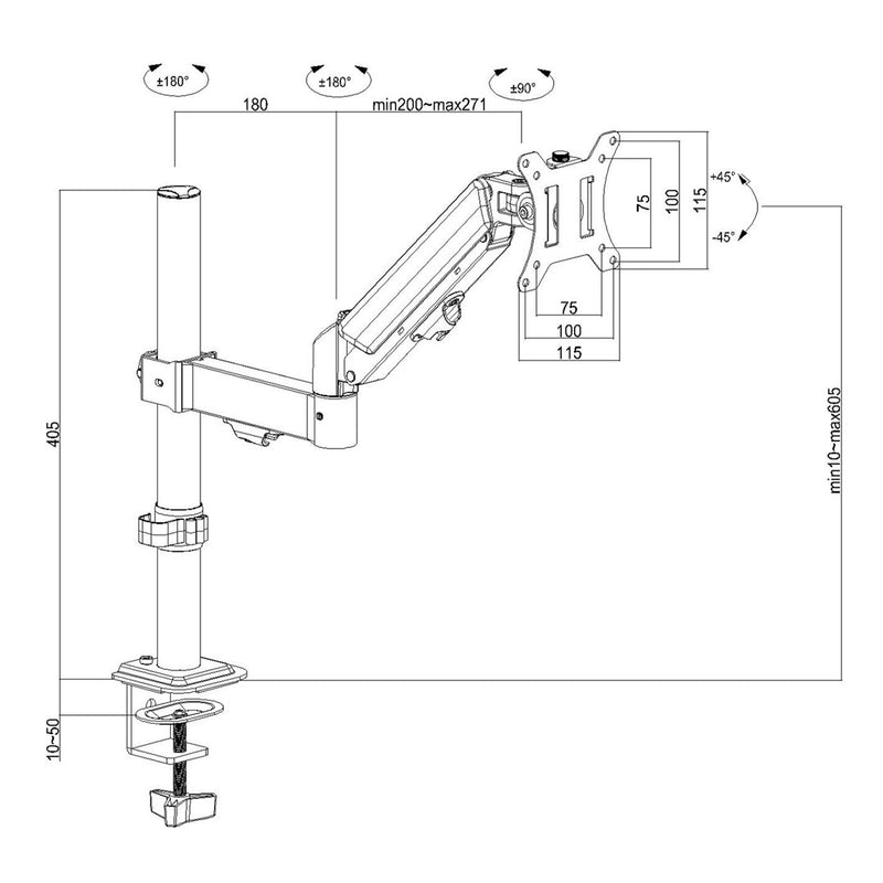 Support de moniteur Maclean, ressort à gaz, 17"-32", 2-10kg, noir, MC-135