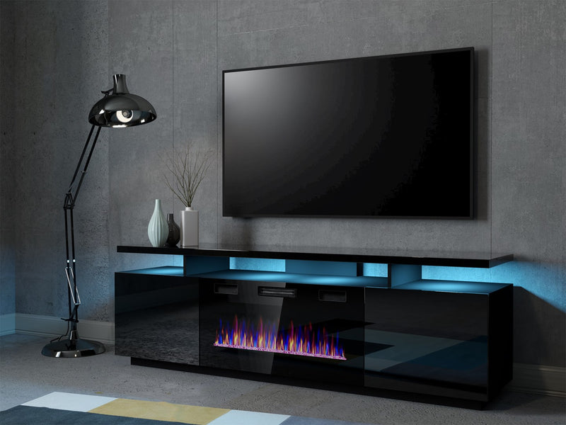 Meuble TV EVA avec foyer électrique 180x40x52 cm noir/noir brillant