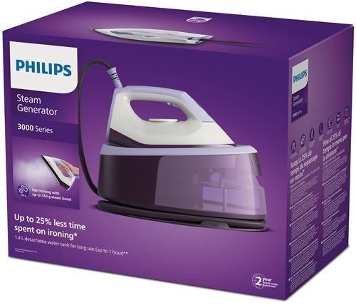 Centrale vapeur Philips Série 3000 PSG3000/30, 2400 W, 1,4 L, Semelle céramique, Violet, Blanc