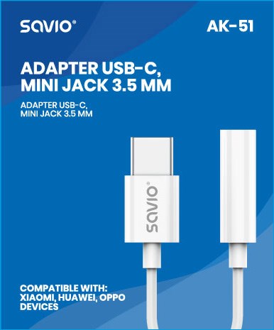 USB Type 3.1 C (M) – Jack 3.5mm (F) Audio adapter White SAVIO AK-51