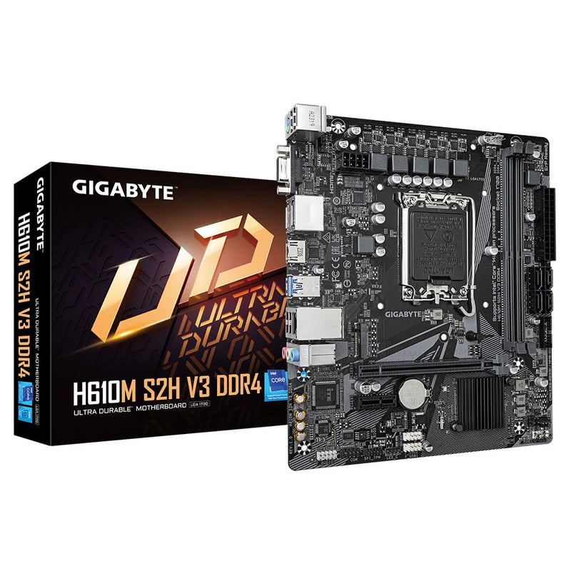 Gigabyte H610M S2H V3 DDR4 Motherboard - Supports Intel Core 14th CPUs, 4+1+1 Hybrid Digital VRM, up to 3200MHz DDR4, 1xPCIe 3.0 M.2, GbE LAN , USB 3.