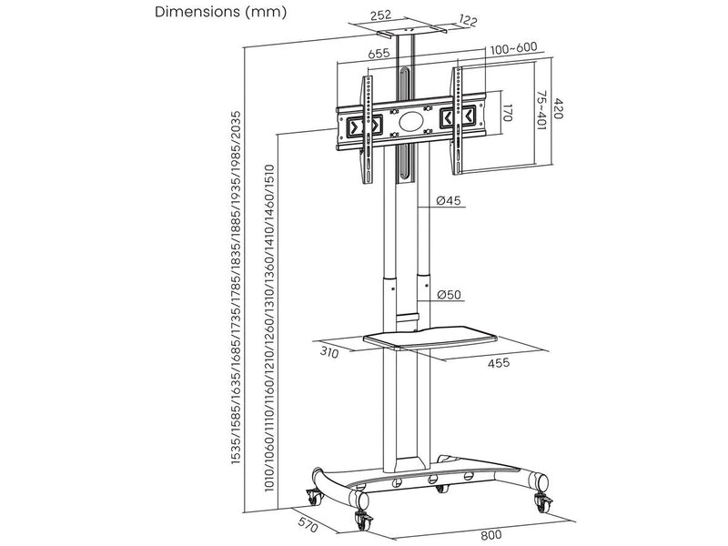 Art Mobiler Standfuß + Halterung für 32-70 Zoll Fernseher, 45 kg, S-12, VESA 600x400