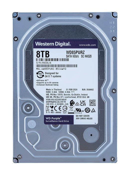 WD Purple WD85PURZ - Hard drive - 8 TB - internal - 3.5" - SATA 6Gb/s - 5640 rpm - buffer: 256 MB