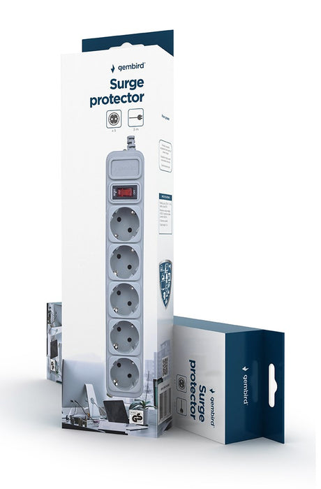 Gembird SPG3-B-10C Surge protector, 5 Schuko sockets, 3m, grey