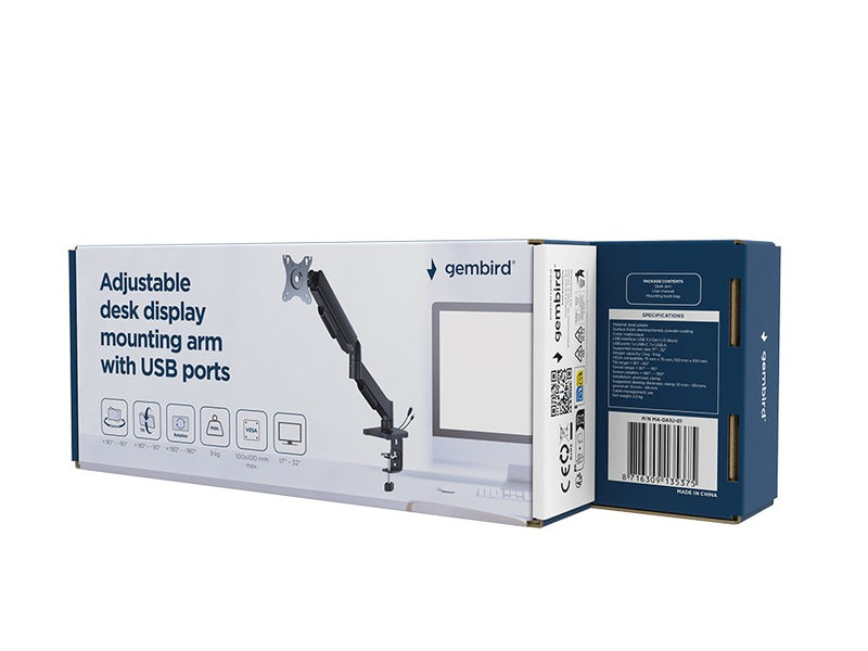 Gembird MA-DA1U-01 Adjustable desk display mounting arm with USB ports, 17”-32”, black