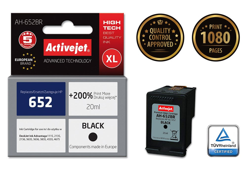 Activejet AH-652BR ink for HP printer; HP 652 F6V25AE replacement; Premium; 20 ml; black
