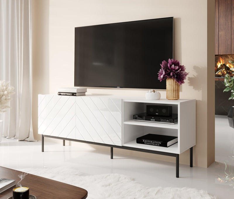 ABETO TV-Schrank auf schwarzem Stahlgestell 150x42x60 cm weiß/hochglanzweiß