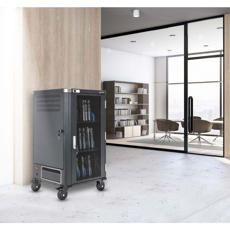 Manhattan Laptop Charging Cart/Trolley via AC Adapter (EU) 30-bay, Install device's AC Adapter (power cables) into unit, Suitable for ALL laptops (to
