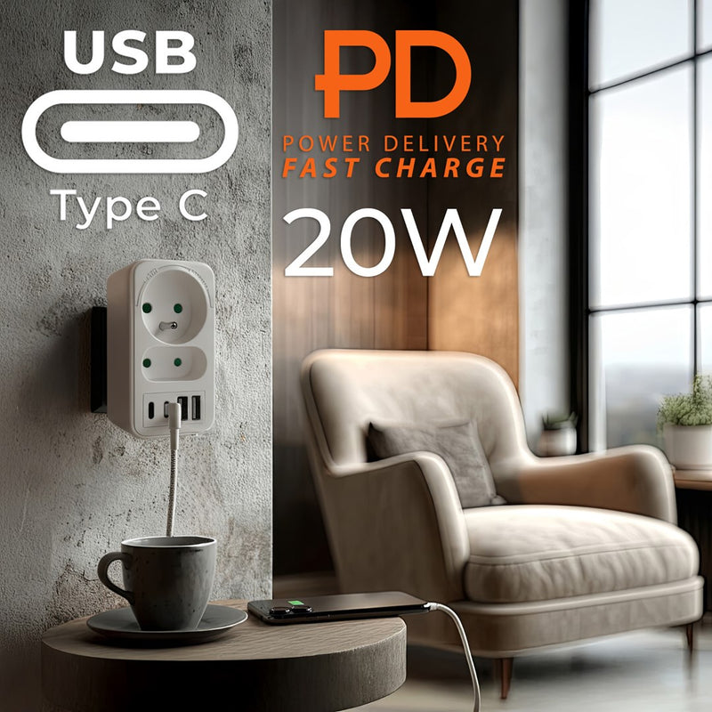 Current socket x2 + 4xUSB Maclean, splitter with 2 sockets, 2xUSB A, 2xUSB C PD 20W, 1x16A + 1x6A, MCE249 F/W