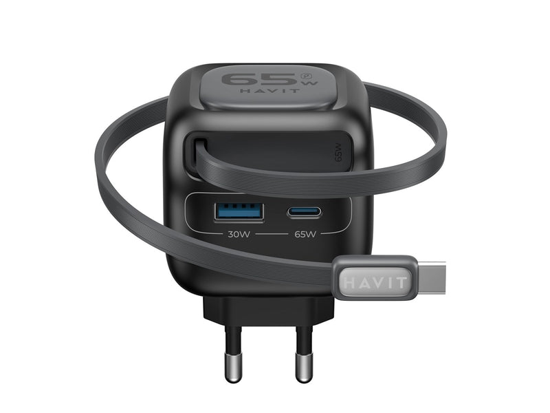 Havit UC253 EU - 65 W GaN travel charger with extendable cable (black)