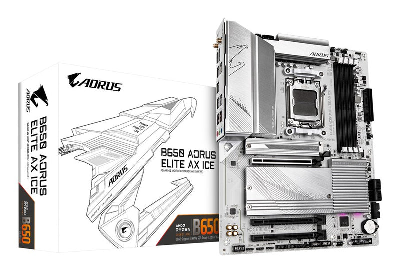 GIGABYTE B650 AORUS ELITE AX ICE Motherboard - Supports AMD Ryzen 9000 CPUs, 12+2+2 Phases Digital VRM, up to 8000MHz DDR5 (OC), 1xPCIe 5.0 + 2xPCIe 4