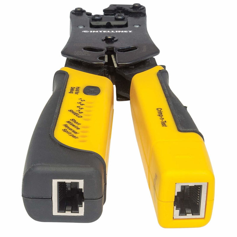 Intellinet Universal Modular Plug Crimping Tool and Cable Tester, 2-in-1 Crimper and Cable Tester: Cuts, Strips, Terminates and Tests, RJ45/RJ11/RJ12/