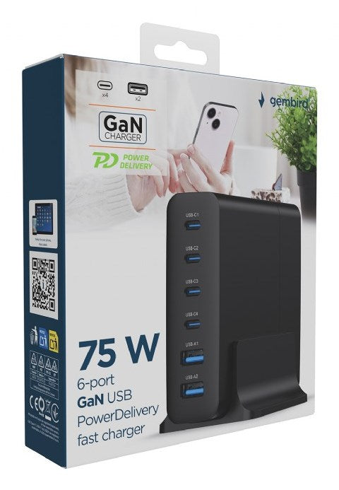 Gembird TA-UC-2A4C-PD75-01-BK mobile device charger Universal Black AC Fast charging Indoor