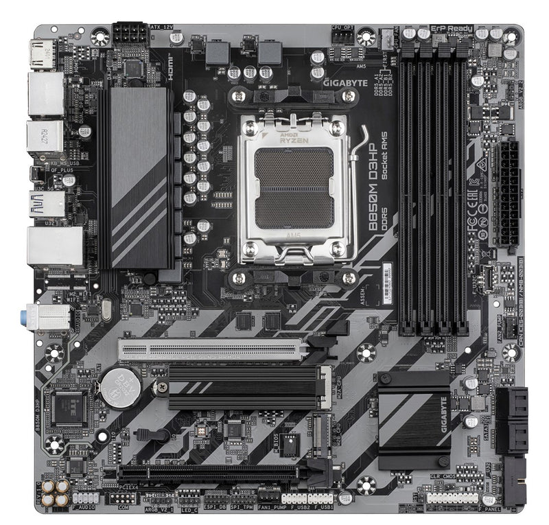 GIGABYTE B850M D3HP Motherboard - AMD Ryzen 9000 Series CPUs, 5+2+2 Phases Digital VRM, up to 8200MHz DDR5 (OC), 1xPCIe 5.0 + 1xPCIe 4.0 M.2, GbE LAN,