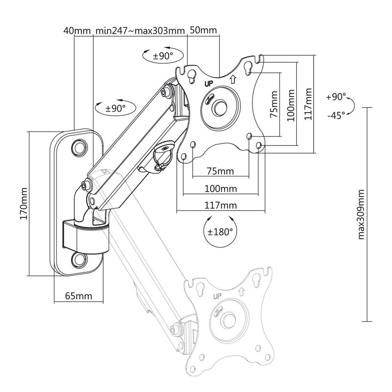Maclean Monitor-Wandhalterung, 17-27'', max. 7kg, Gasfeder, MC-458