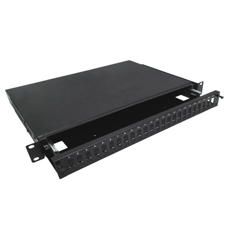 Alantec 24xSC Duplex / 24xLC Quad 19" 1HE Teleskop-LWL-Patchpanel mit Montagezubehör (Kabelverschraubungen, Kabelbinder) (FOP-1U-24SCD-C-P)