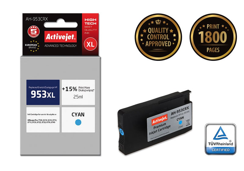 Activejet AH-953CRX ink for HP printer; HP 953XL F6U16AE replacement; Premium; 25 ml; cyan