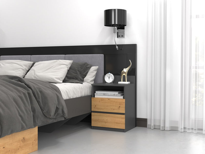 Topeshop M1 ANTRACITE/ARTISAN Nachttisch/Nachtschrank 2 Schublade(n) Eiche