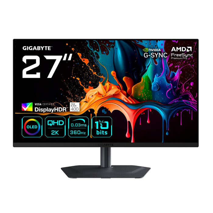 GIGABYTE MO27Q3 27  OLED QHD Gaming Monitor - 2560 x 1440, 360Hz, 0.03ms, 250 cd/m2, G-Sync Compatible, FreeSync Premium Pro, Display HDR True Black 4
