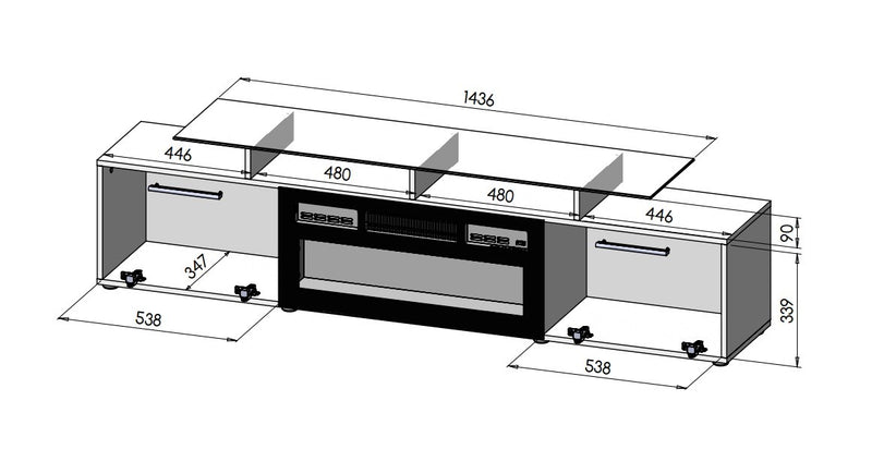 RTV cabinet ROVA with electric fireplace 190x37x48 cm black/black gloss
