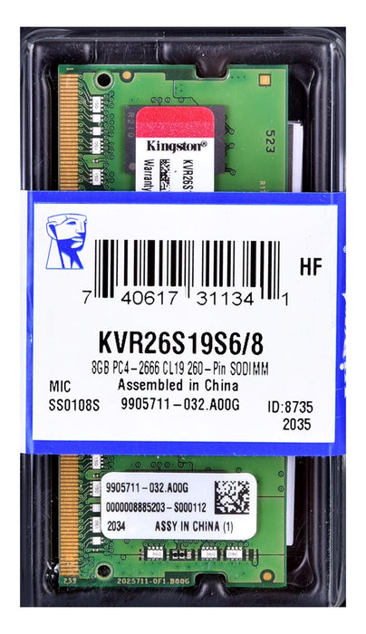 Kingston Technology ValueRAM KVR26S19S6/8 memory module 8 GB 1 x 8 GB DDR4 2666 MHz