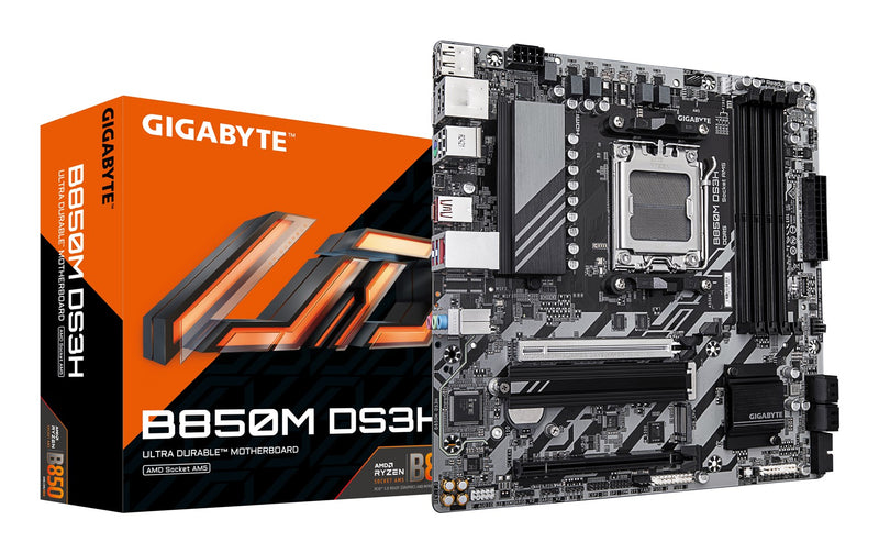 GIGABYTE B850M DS3H Motherboard - AMD Ryzen 9000 Series CPUs, 16+2+2 Phases Digital VRM, up to 8200MHz DDR5 (OC), 1xPCIe 5.0 + 1xPCIe 4.0 M.2, 2.5 LAN