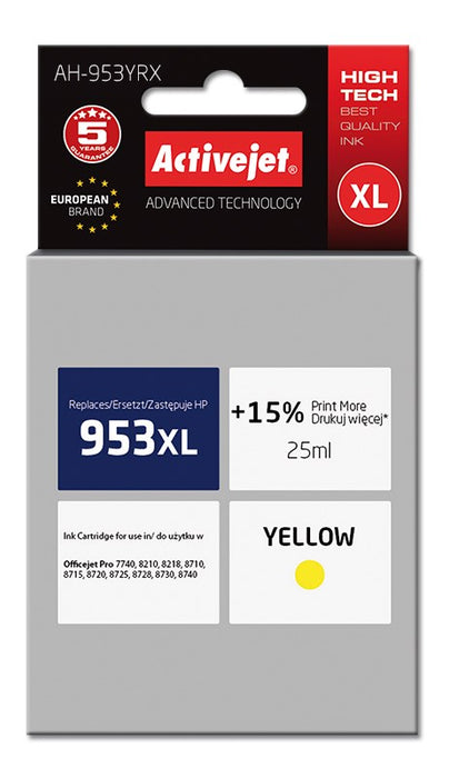 Activejet AH-953YRX ink for HP printer; HP 953XL F6U18AE replacement; Premium; 25 ml; yellow