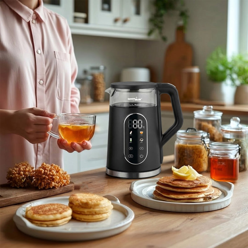 GreenBlue Cordless Electric Kettle, 1.7 L capacity, glass water tank, easy-to-read display, temperature selection, 2200 W, GB670 B