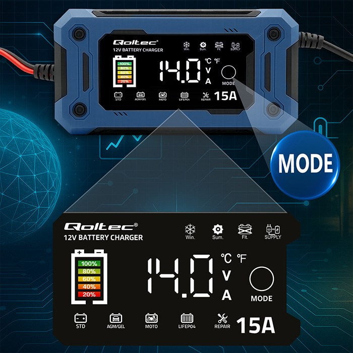 Qoltec 52496 Charger 12V 15A | Rectifier with repair function and maintaining power supply during battery replacement | for AGM GEL LiFePO4 | LCD