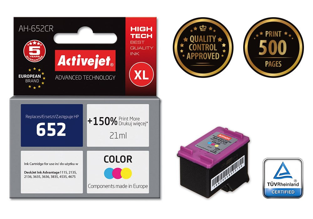Activejet AH-652CR ink for HP printer; HP 652 F6V24AE replacement; Premium; 21 ml; color