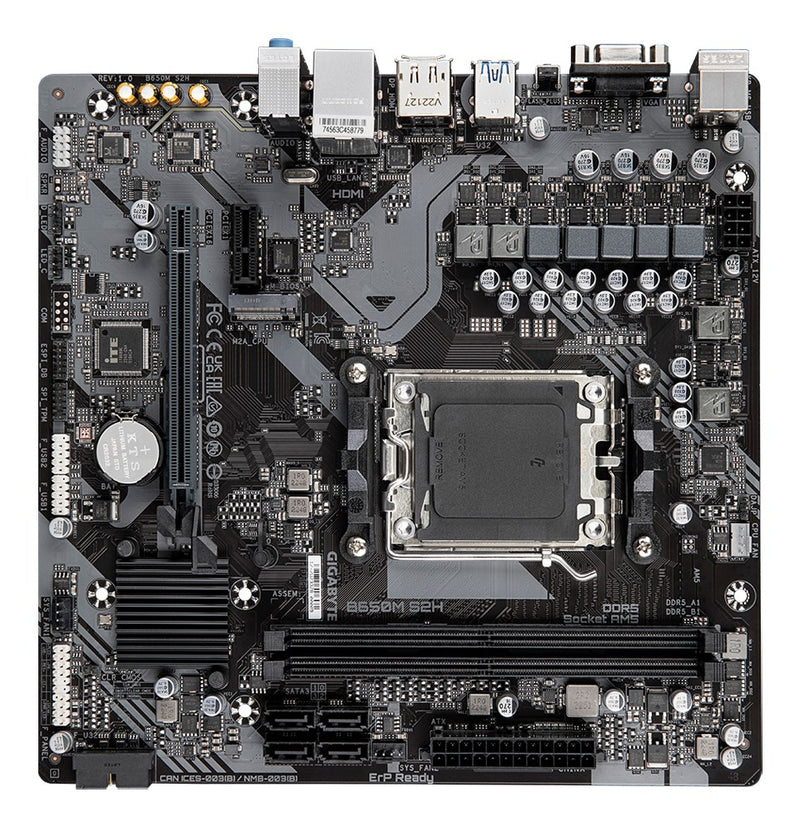 GIGABYTE B650M S2H Mainboard – AMD Ryzen 9000er-Serie CPUs, 5+2+2 Phasen VRM, bis zu 6400MHz DDR5 (OC), 1xPCIe 4.0 M.2, GbE LAN, USB 3.2 Gen 1