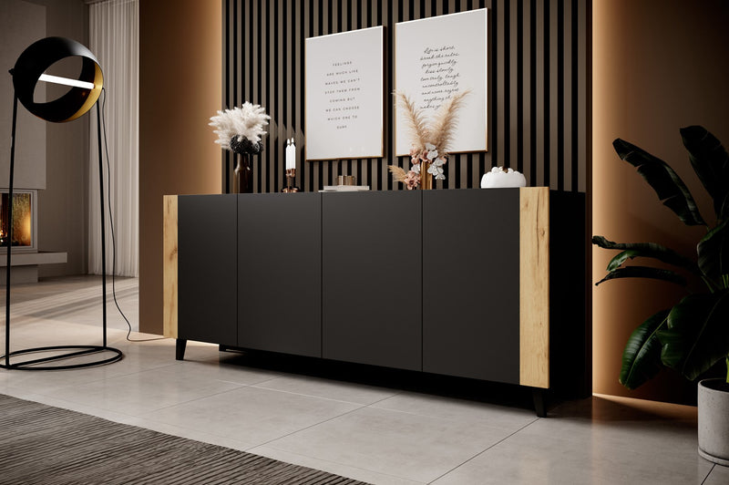 FARO chest of drawers 200x42x82 matte black + oak craft