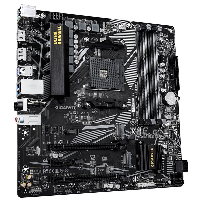 GIGABYTE B550M DS3H AC R2 Motherboard - AMD Ryzen 5000 CPUs, 5+3 Phases VRM, up to 4733MHz DDR4 (O.C.), 1xPCIe 4.0 + 1xPCIe 3.0 M.2, Wi-Fi 5, 1GbE LAN