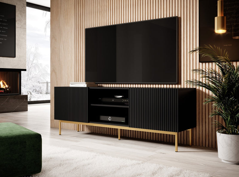 PAFOS RTV cabinet on golden steel frame 150x40x60 cm matte black