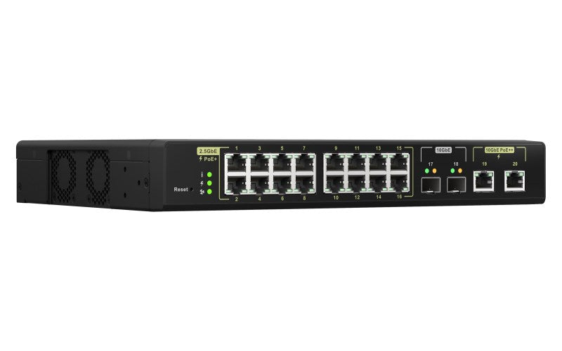 QSW-M2116P-2T2S 16 ports 2.5GbE RJ45 with PoE 802.3at(30W) 2 ports 10GbE SFP+ 2 ports 10GbE RJ45 with PoE 802.3bt(90W) Max PoE power consumption goes
