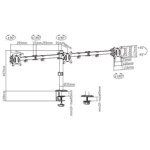 Gembird MA-D3-01 Bras de support réglable 3 écrans (rotation, inclinaison, pivotement), 17"-27", jusqu'à 7 kg
