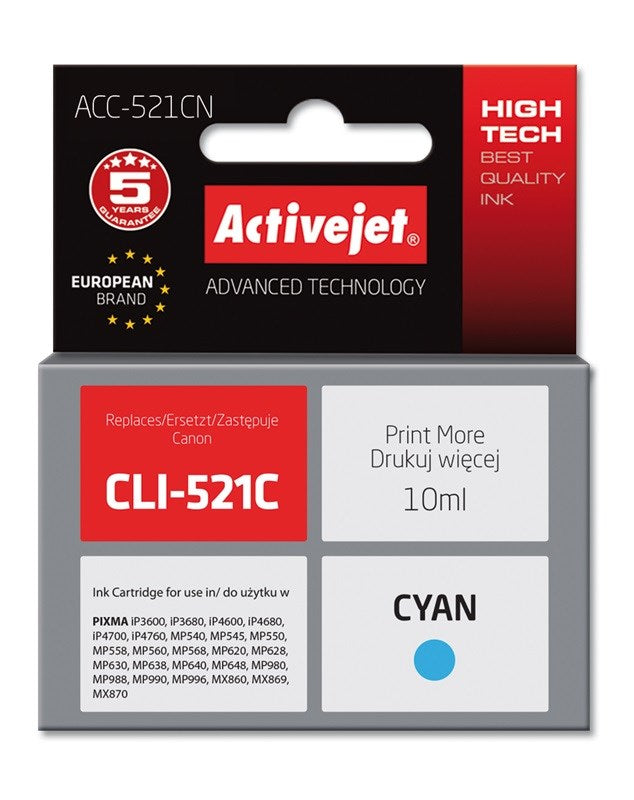 Activejet ACC-521CN Ink cartridge (replacement for Canon CLI-521C; Supreme; 10 ml; cyan)