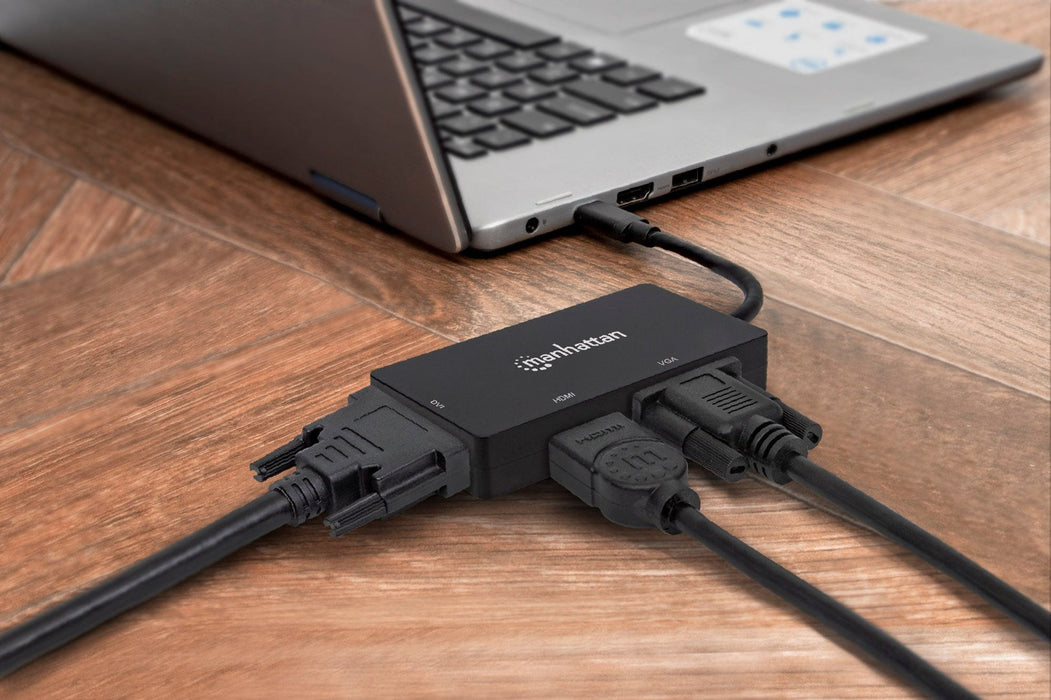 Manhattan USB-C Dock/Hub, Ports (x3): DVI-I, HDMI and VGA Ports, Note: Only One Port can be used at a time, External Power Supply Not Needed, Universa