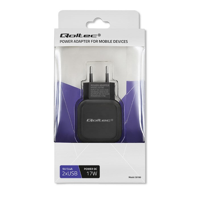 Qoltec 50186 Charger 17W | 5V | 3.4A | 2xUSB