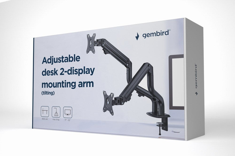 Gembird MA-DA2-02 Adjustable desk 2-display mounting arm (tilting), 17”-32”, up to 8 kg