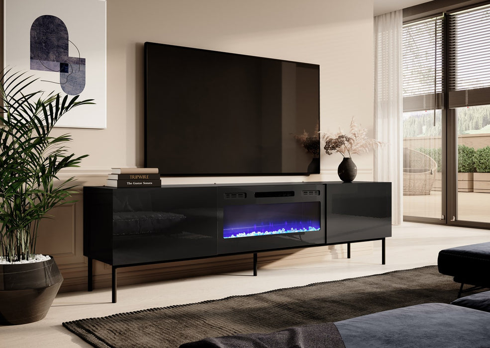 RTV cabinet SLIDE 200K with electric fireplace on black frame 200x40x57 cm all in gloss black