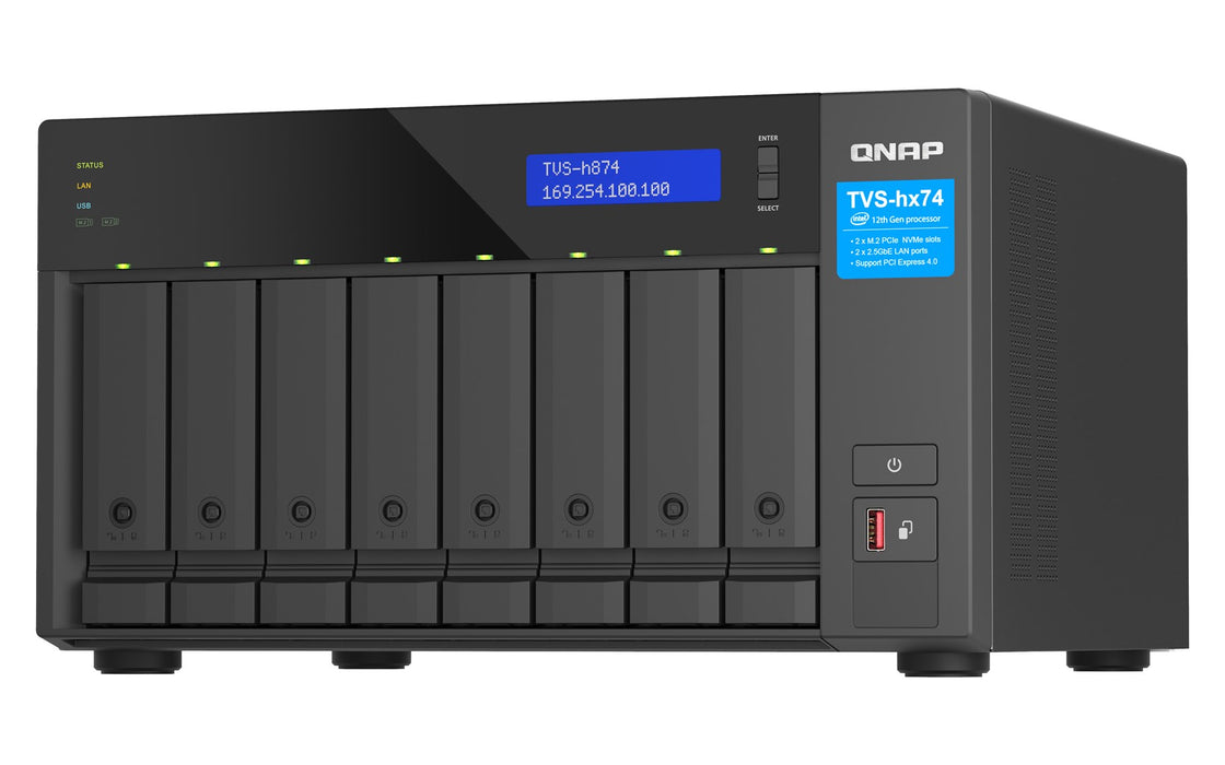 8-bay QuTS hero NAS | Intel Core i7 12-core (8 Performance cores + 4 Efficient cores) /20-thread | 32GB SO-DIMM DDR4(max.64GB) | 8 x 2.5in/3.5in SATA